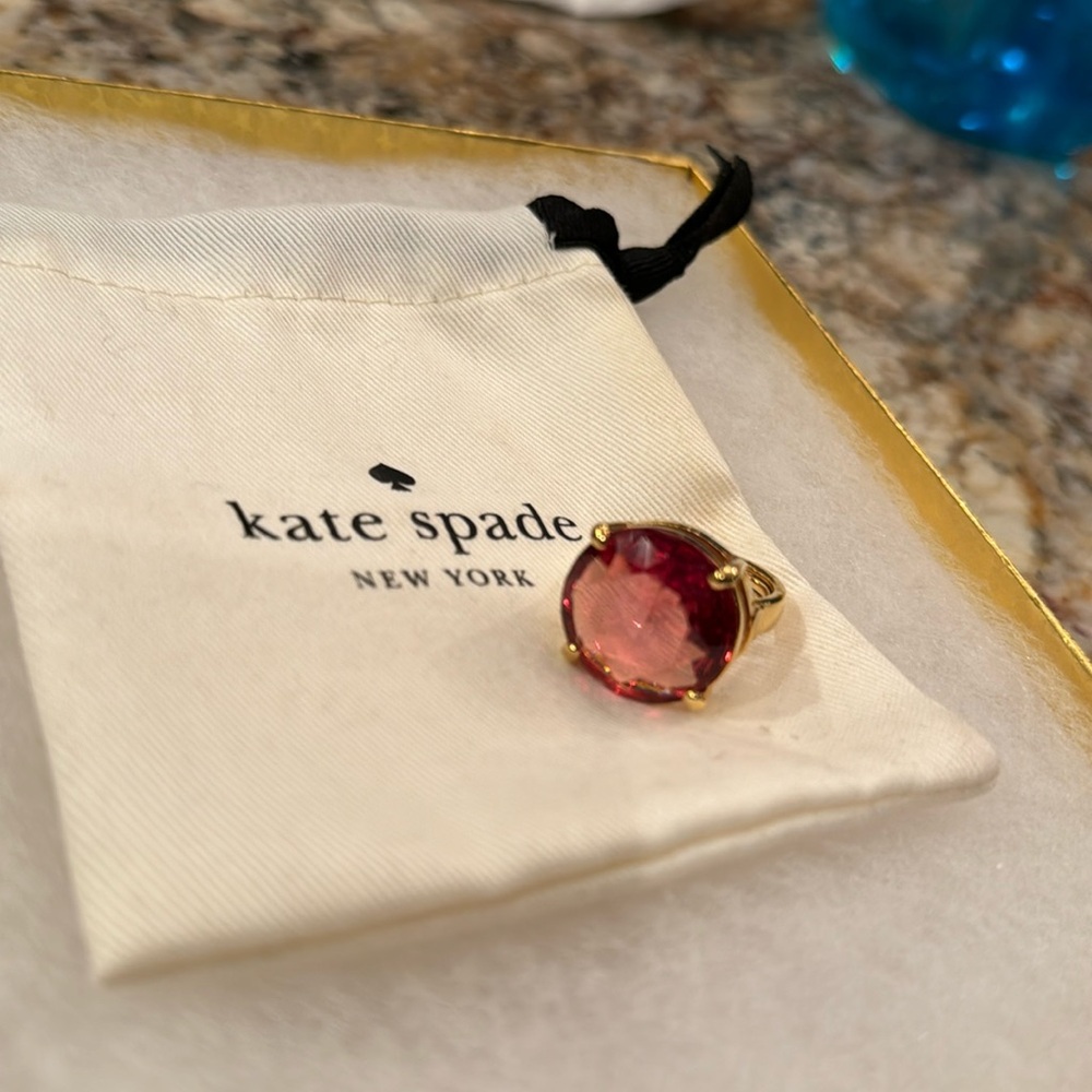 Kate Spade NY “Crystal Confection” 5 6 7 gold adjustable large pink stone ring
